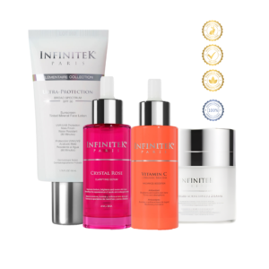 Infinitek Paris anti-blemish skincare kit with vitamin C serum, crystal rose serum, retinol cream and sunscreen for uneven skin tone and imperfections