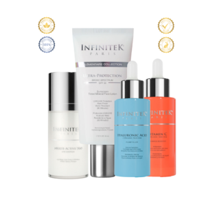 Infinitek Paris day skincare kit with vitamin C serum, hyaluronic acid, eye contour and sunscreen for daily hydration and skin protection