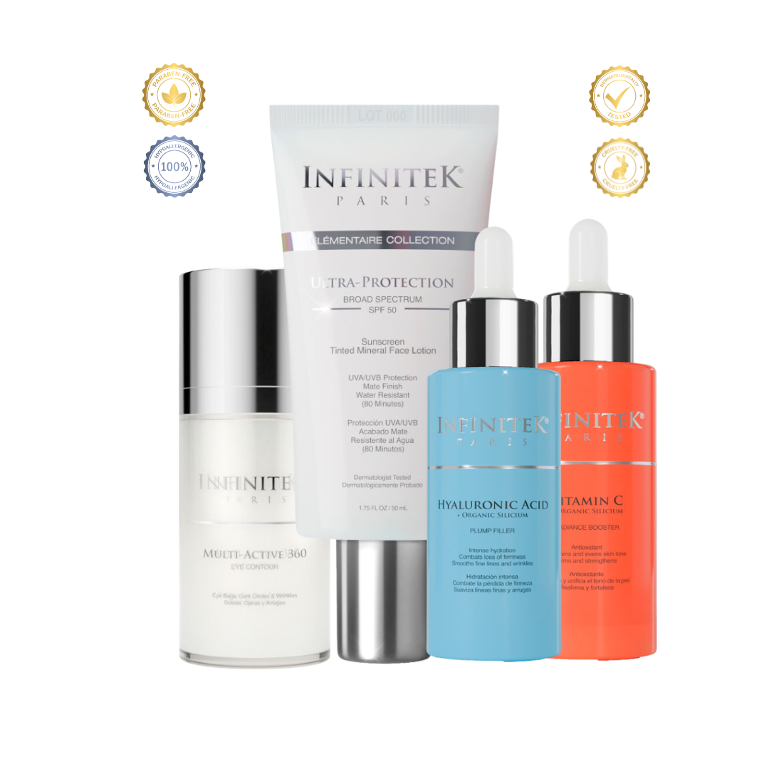 Infinitek Paris day skincare kit with vitamin C serum, hyaluronic acid, eye contour and sunscreen for daily hydration and skin protection