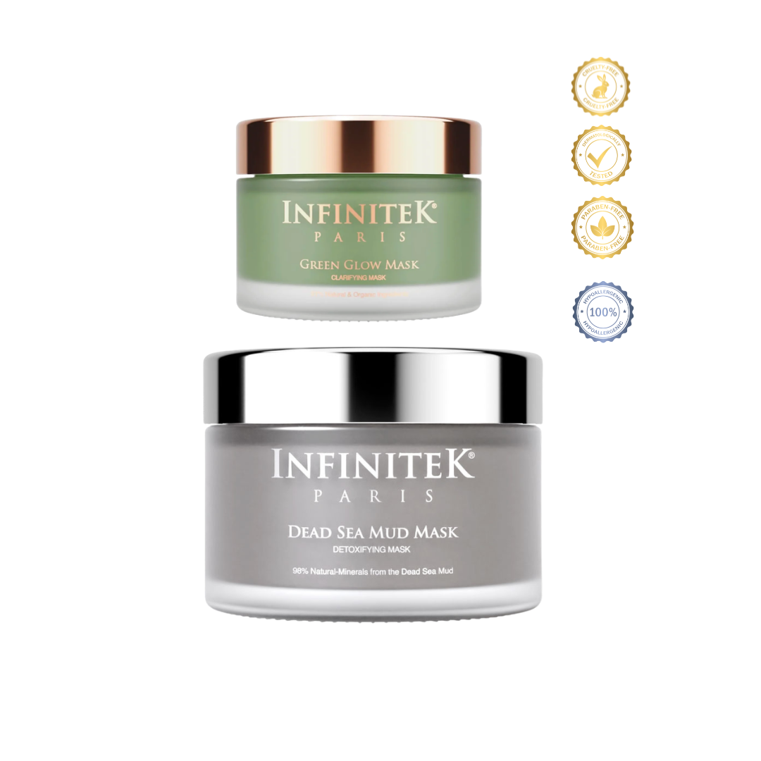 Infinitek Paris facial mask duo with Dead Sea mud mask and Green Glow mask for deep cleansing, hydration and skin revitalisation